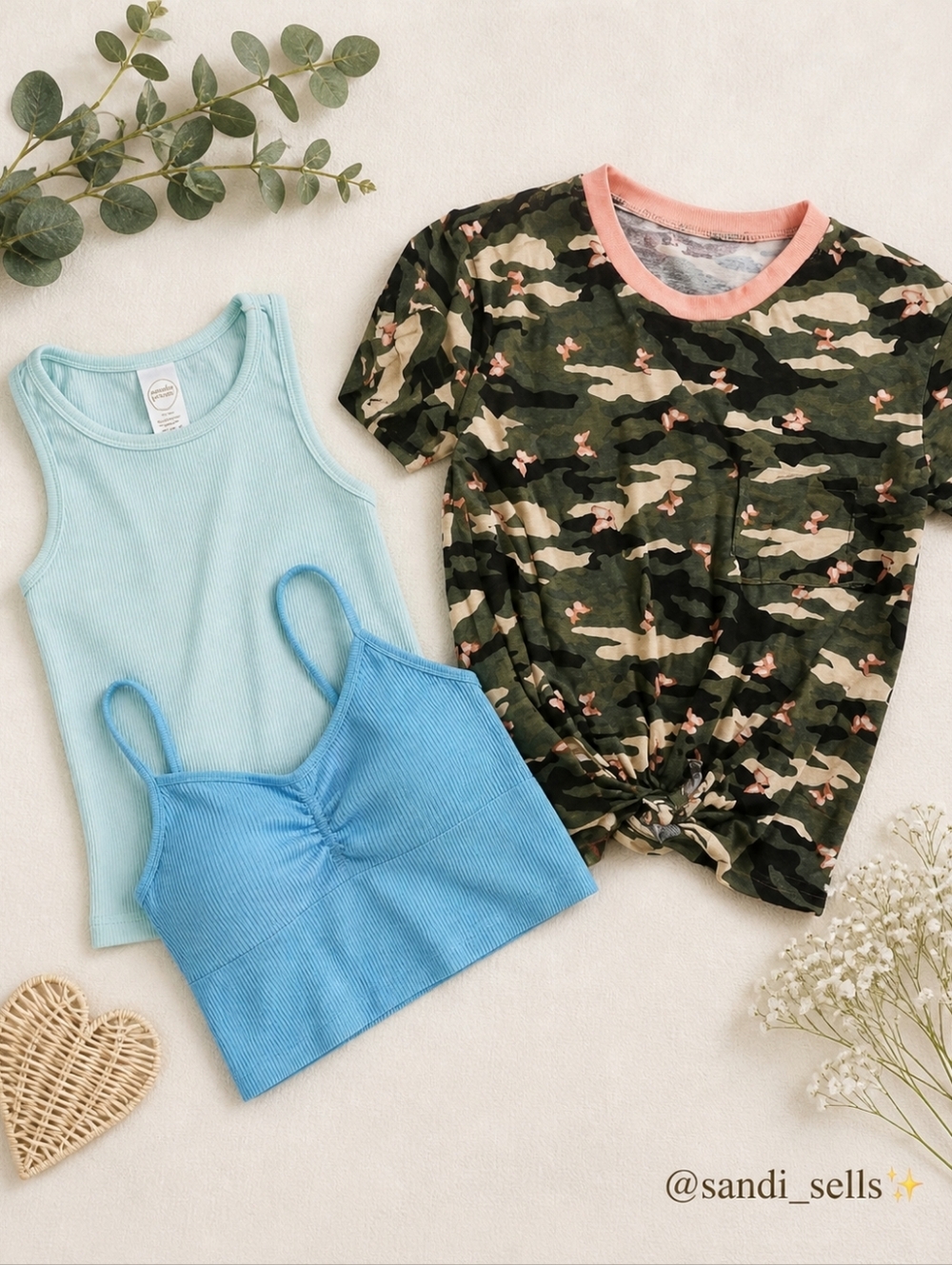 3-Piece Casual Tank & Tee Bundle - Camo Pink Trim, Aqua, Sky Blue